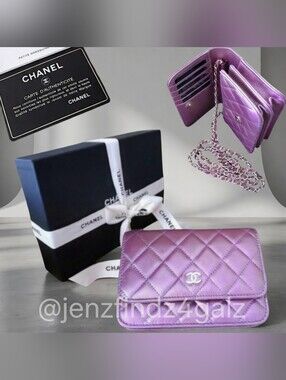 Chanel Iridescent Purple Quilted Lambskin Mini Wallet on Chain WOC NWT Full Set
